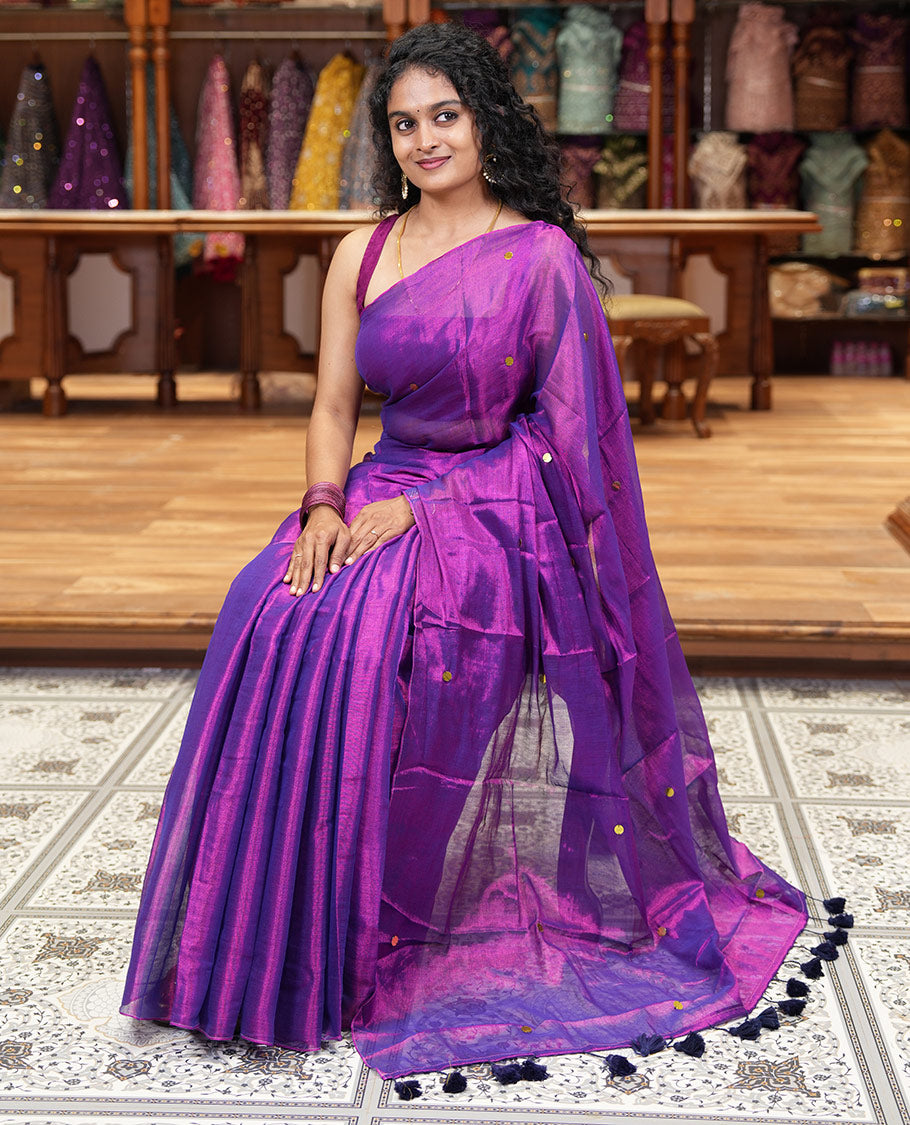 Borderless violet mirror work khadi tissue saree, mirror work pallu, and a matching blouse