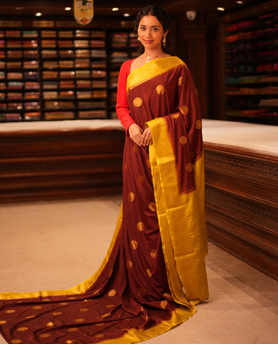 Coffee Brown Elephant Buttas Fancy Mysore Silk Saree, Contrast Elephant Border, Contrast Blouse