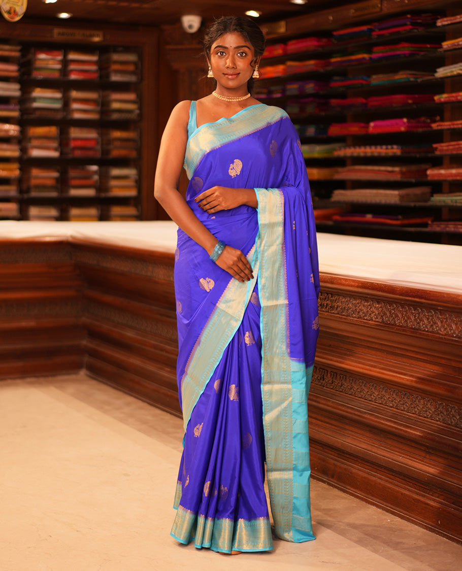 M.s Blue Peacock Buttas Fancy Mysore Silk Saree, Contrast Traditional Border, Contrast Blouse
