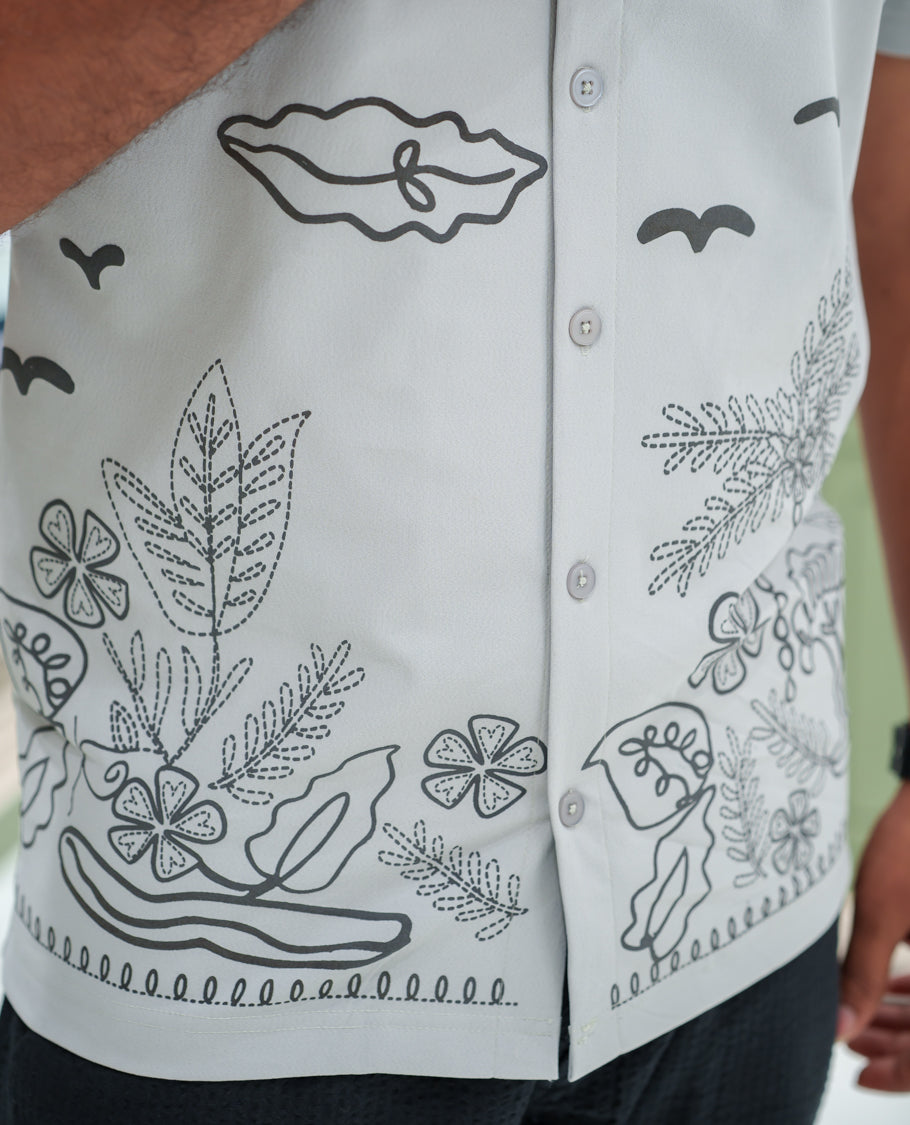 Grey Cotton-Blended Casual Shirt Comes with a Tropical Floral Embroidery, a Cuban Collar Neck, Half Sleeves, a Regular Fit, and Regular Length