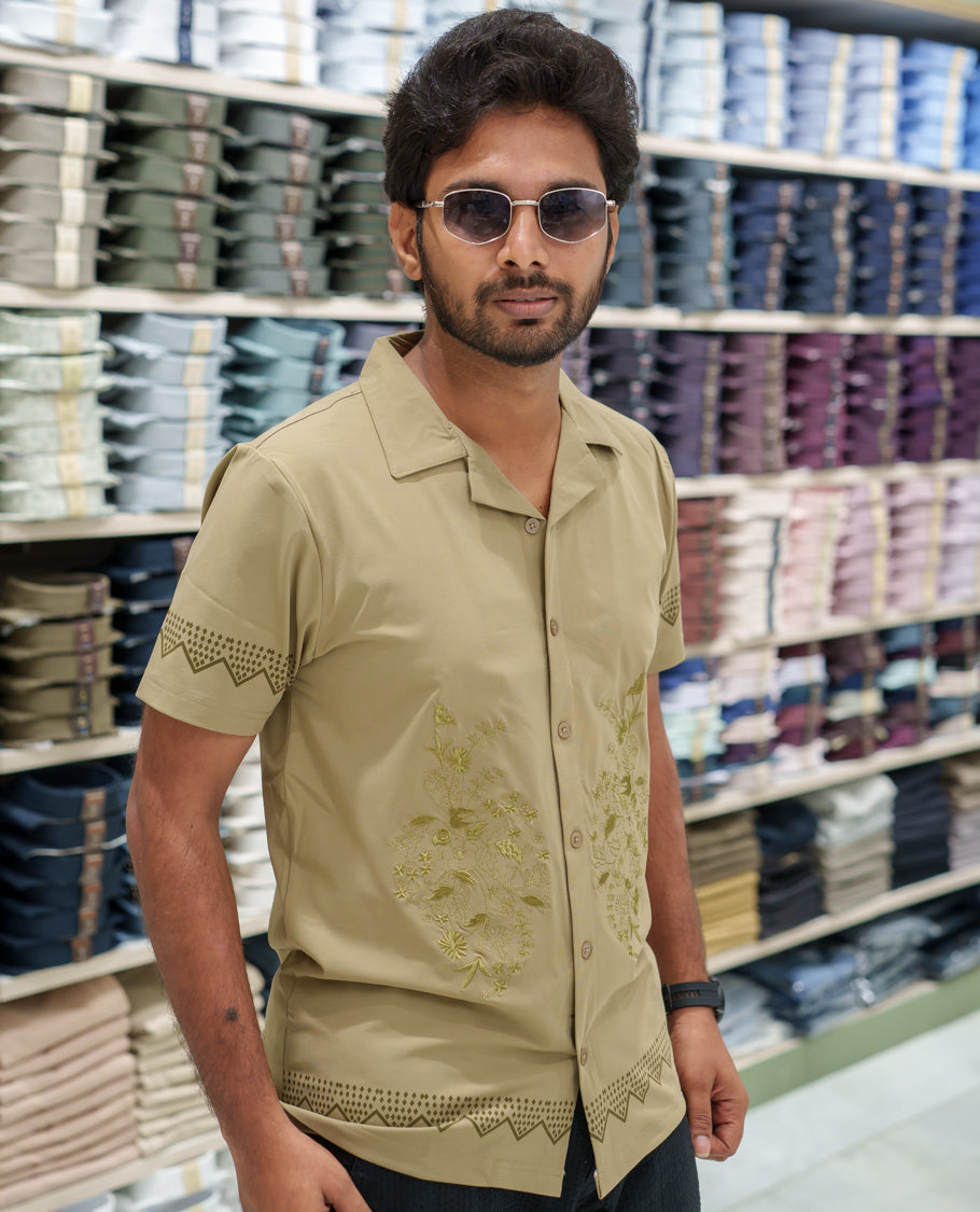 Beige Cotton-Blended Casual Shirt Comes with a Floral Embroidery, a Cuban Collar Neck, Half Sleeves, a Regular Fit, and Regular Length