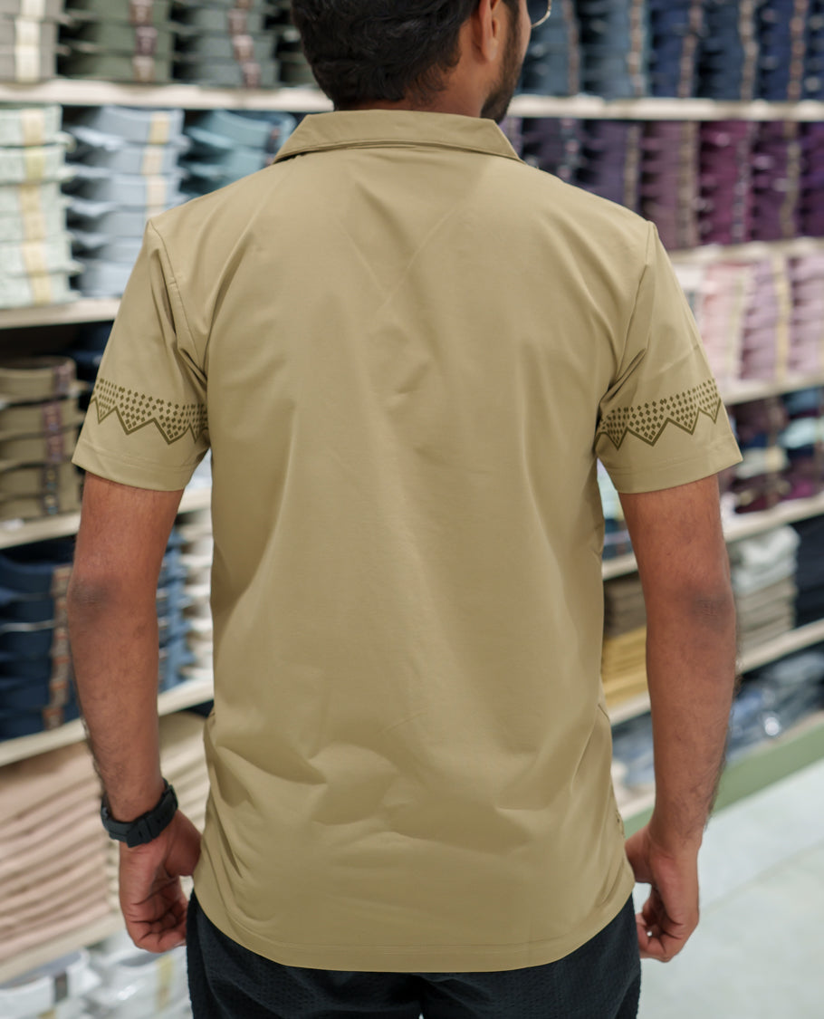 Beige Cotton-Blended Casual Shirt Comes with a Floral Embroidery, a Cuban Collar Neck, Half Sleeves, a Regular Fit, and Regular Length