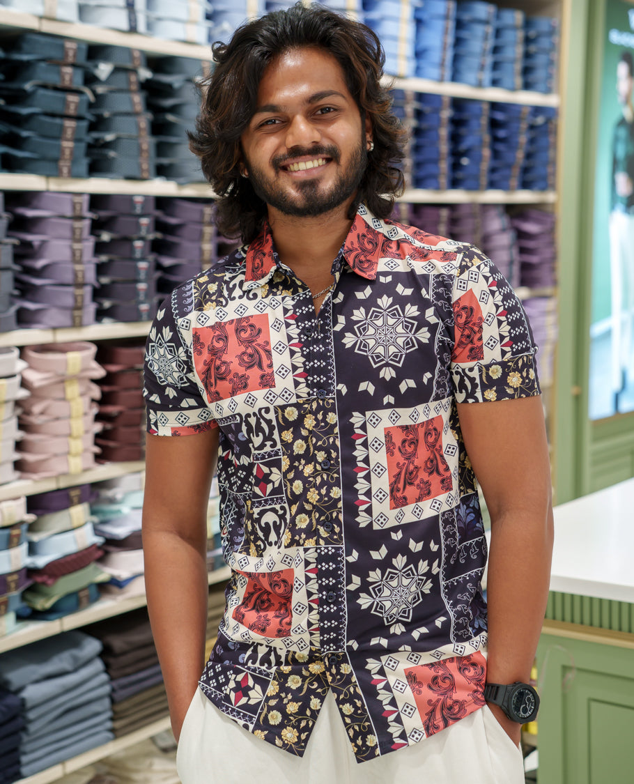 Multi-color Cotton-Blended Casual Shirt Comes with Intricate Print, Spread Collar, Half Sleeves, Regular Fit, and Regular Length