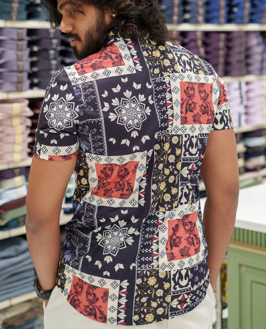 Multi-color Cotton-Blended Casual Shirt Comes with Intricate Print, Spread Collar, Half Sleeves, Regular Fit, and Regular Length