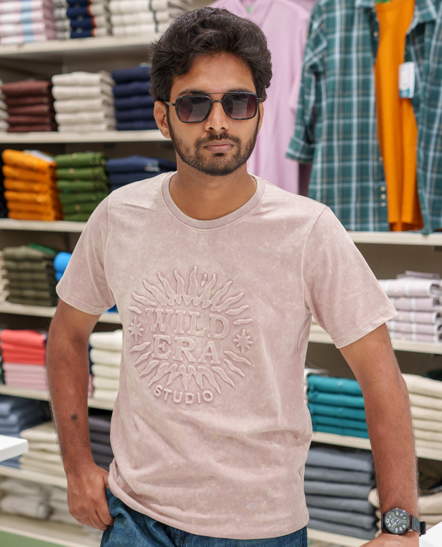 Pink Cotton-Blended Acid-Washed Oversized T-Shirt Comes with a Typographic-Embossed, a Crew Neck, Half Sleeves, and Regular Length