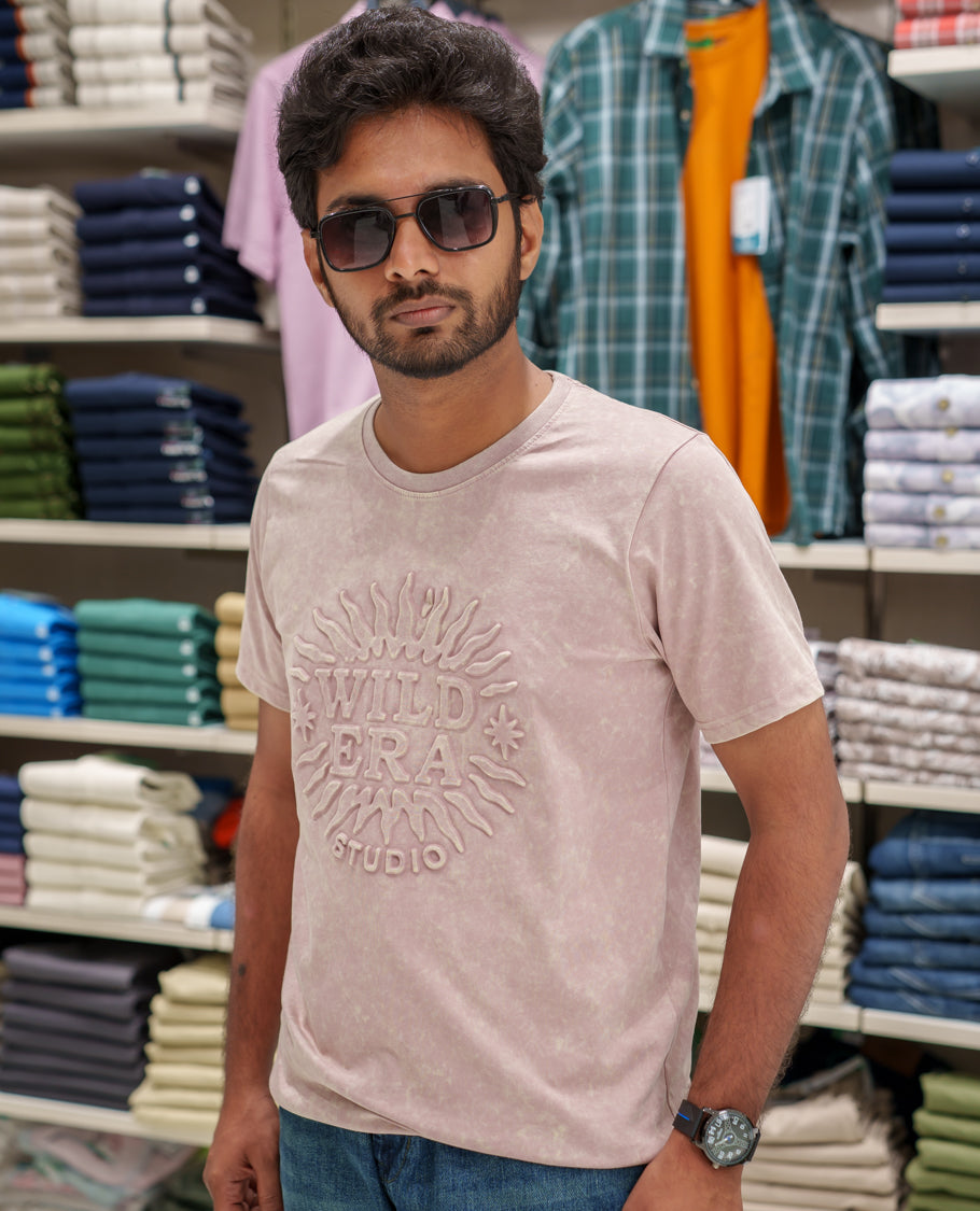 Pink Cotton-Blended Acid-Washed Oversized T-Shirt Comes with a Typographic-Embossed, a Crew Neck, Half Sleeves, and Regular Length