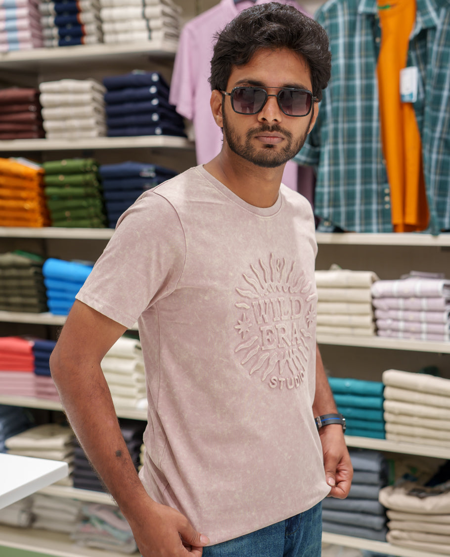Pink Cotton-Blended Acid-Washed Oversized T-Shirt Comes with a Typographic-Embossed, a Crew Neck, Half Sleeves, and Regular Length