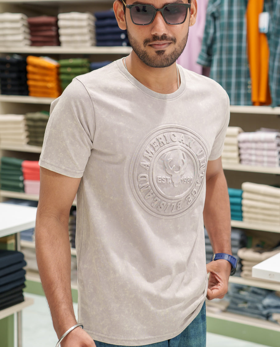 Beige Cotton-Blended Acid-Washed Oversized T-Shirt Comes with a Typographic-Embossed, a Crew Neck, Half Sleeves, and Regular Length