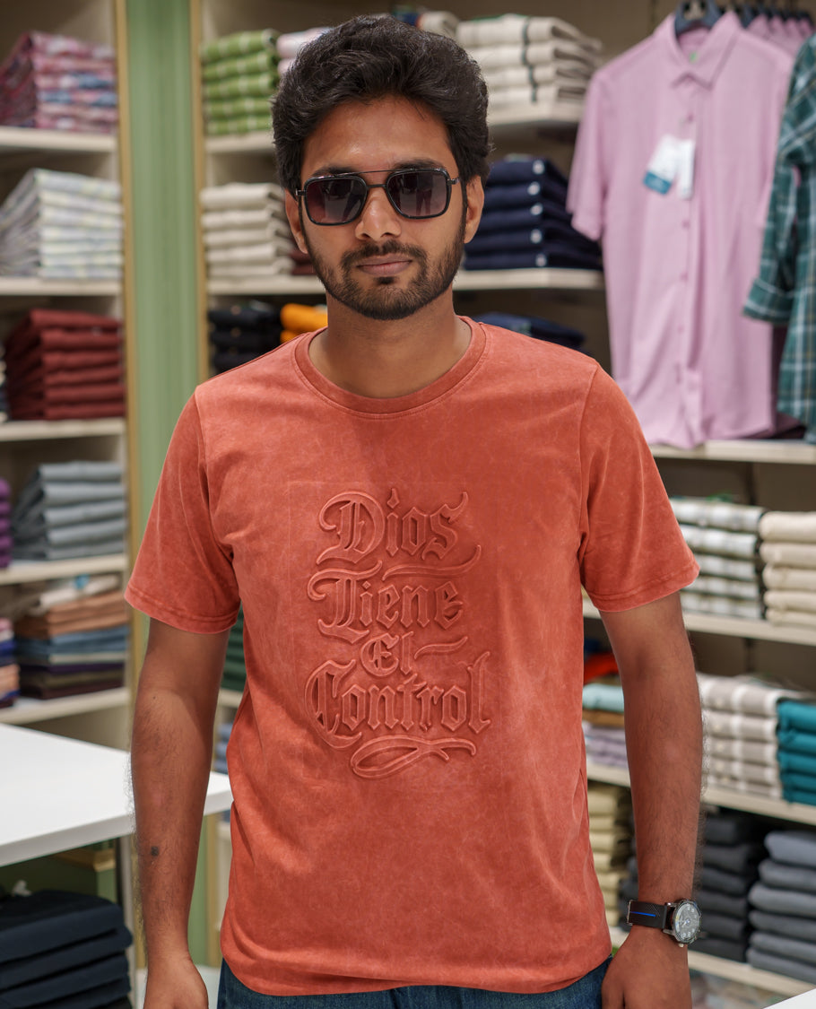 Red Cotton-Blended Acid-Washed Oversized T-Shirt Comes with a Typographic-Embossed, a Crew Neck, Half Sleeves, and Regular Length