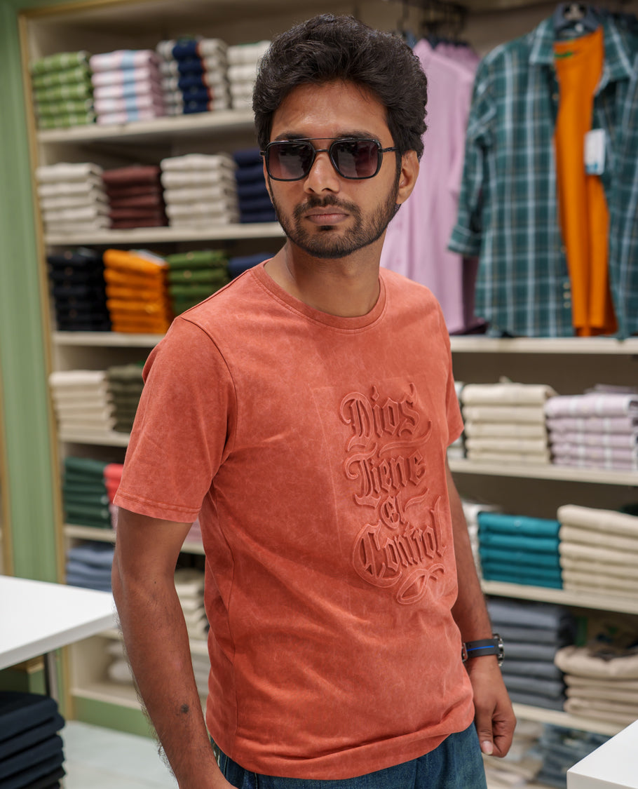 Red Cotton-Blended Acid-Washed Oversized T-Shirt Comes with a Typographic-Embossed, a Crew Neck, Half Sleeves, and Regular Length