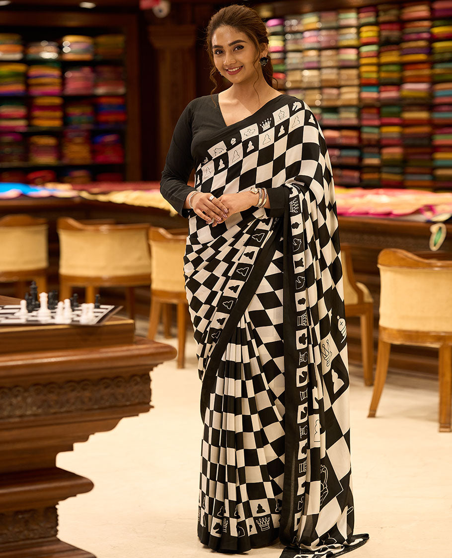 Black with white chess board mil printed crepe saree with self plain border