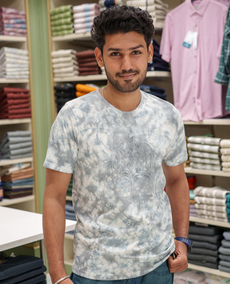 Light Grey Cotton-Blended Acid-Washed Oversized T-Shirt Comes with a Typographic-Embossed, a Crew Neck, Half Sleeves, and Regular Length