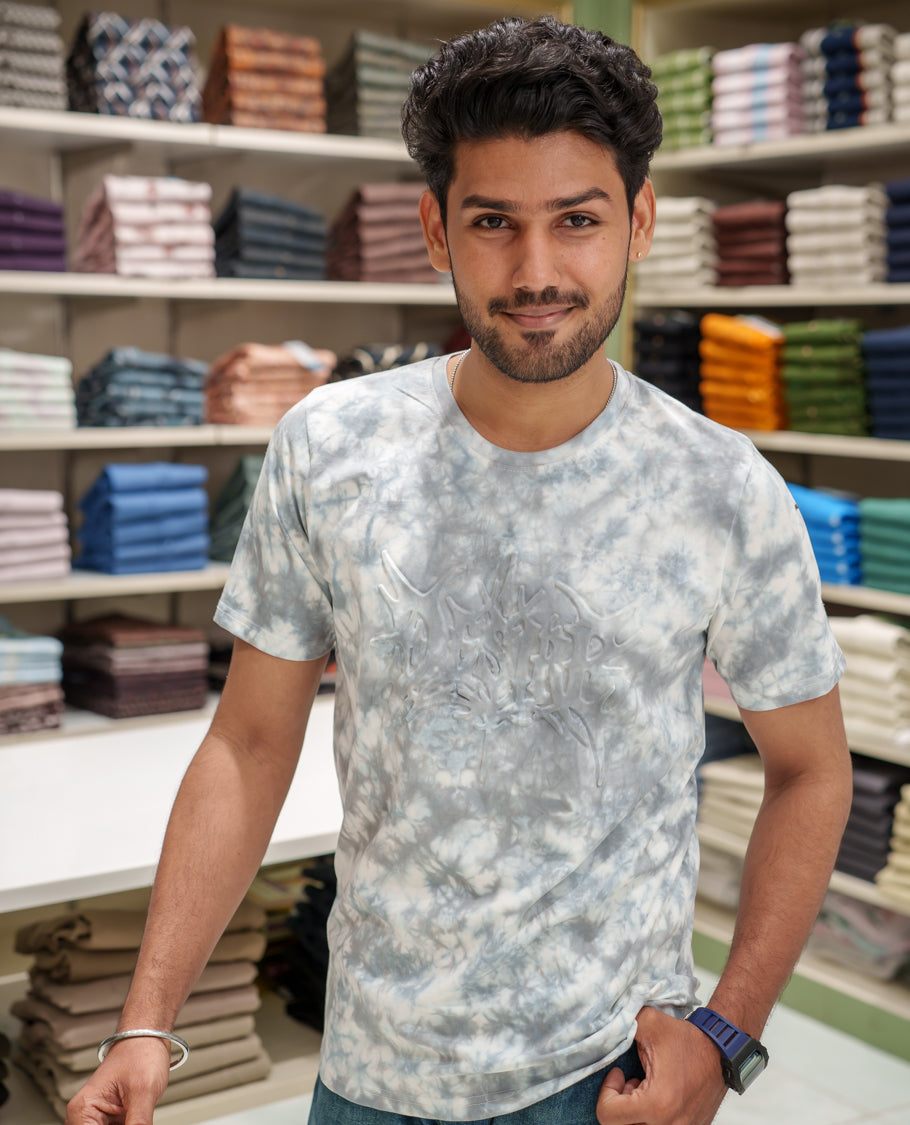 Light Grey Cotton-Blended Acid-Washed Oversized T-Shirt Comes with a Typographic-Embossed, a Crew Neck, Half Sleeves, and Regular Length
