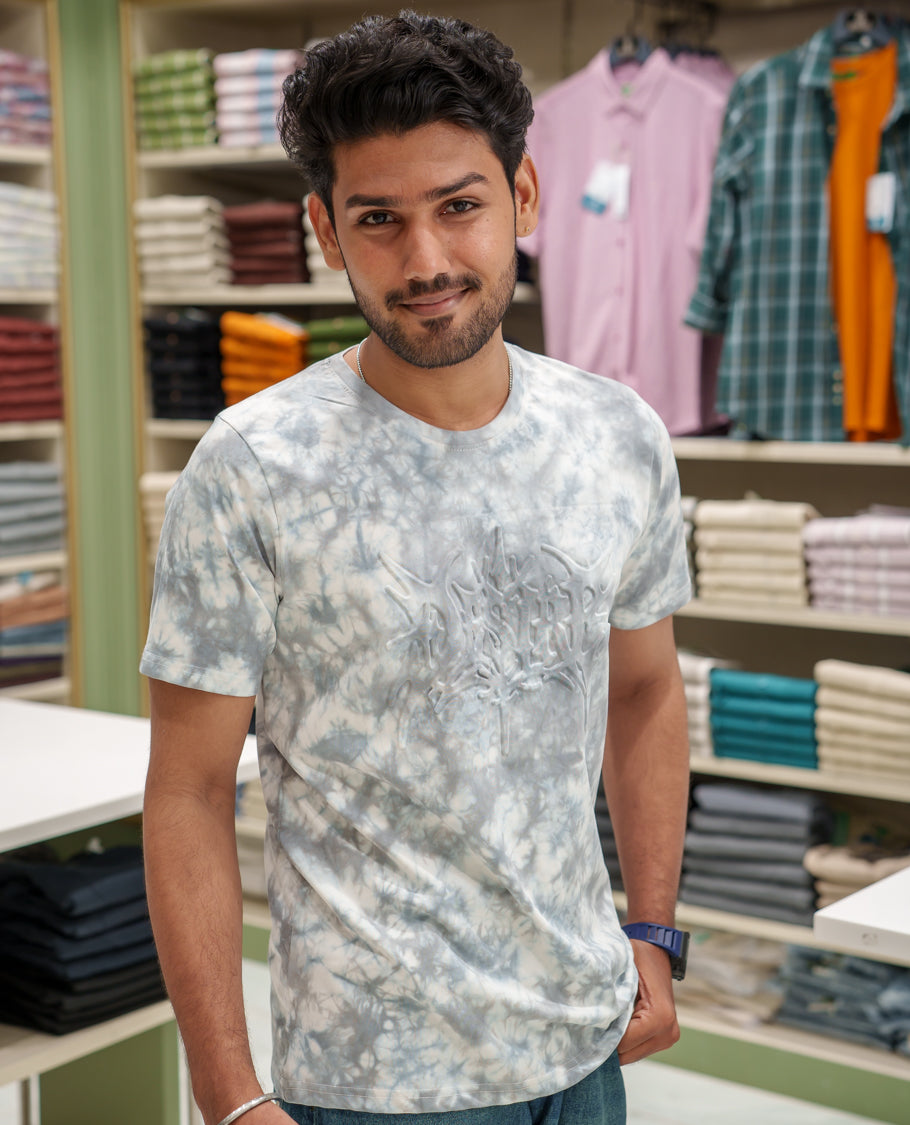 Light Grey Cotton-Blended Acid-Washed Oversized T-Shirt Comes with a Typographic-Embossed, a Crew Neck, Half Sleeves, and Regular Length