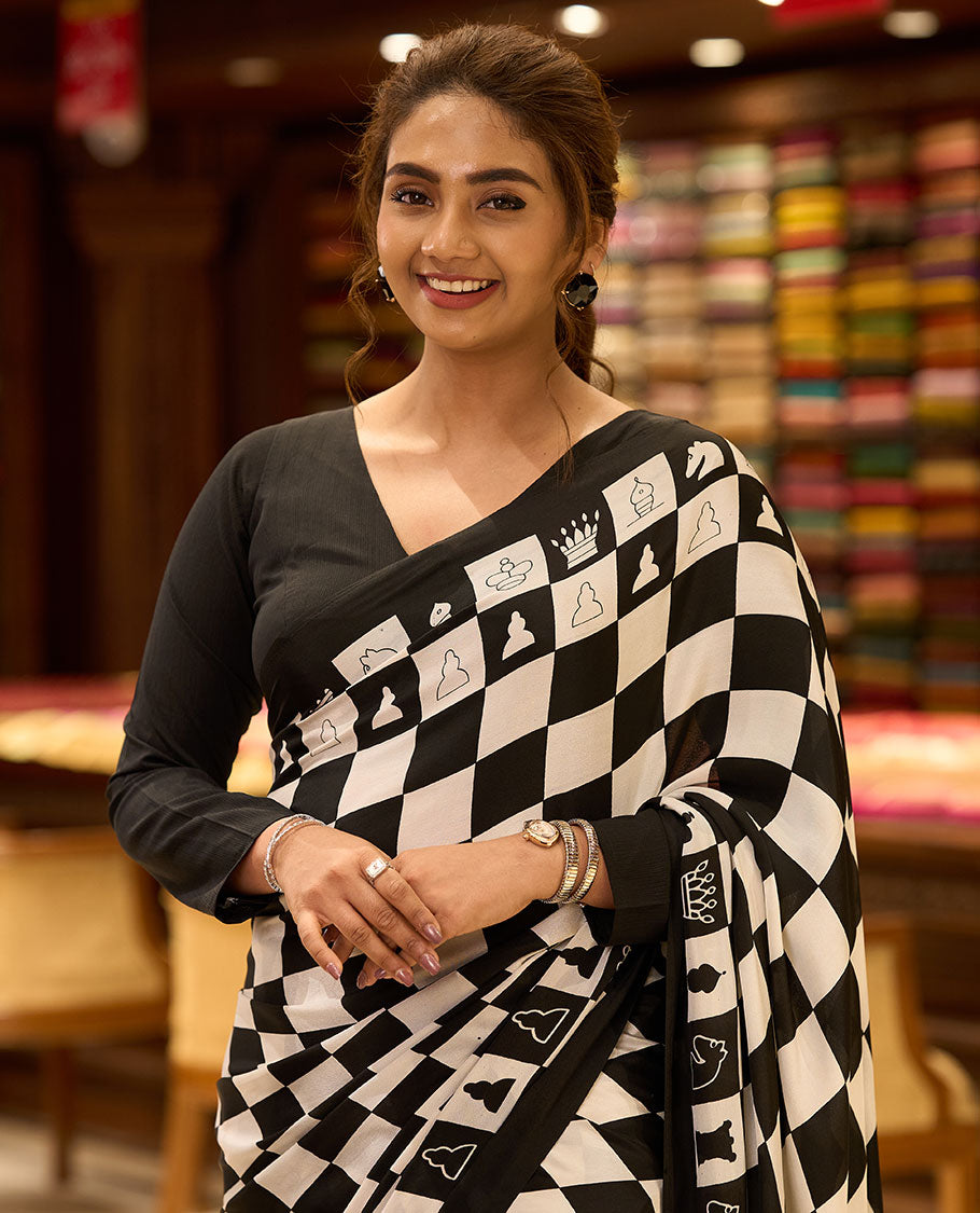 Black with white chess board mil printed crepe saree with self plain border