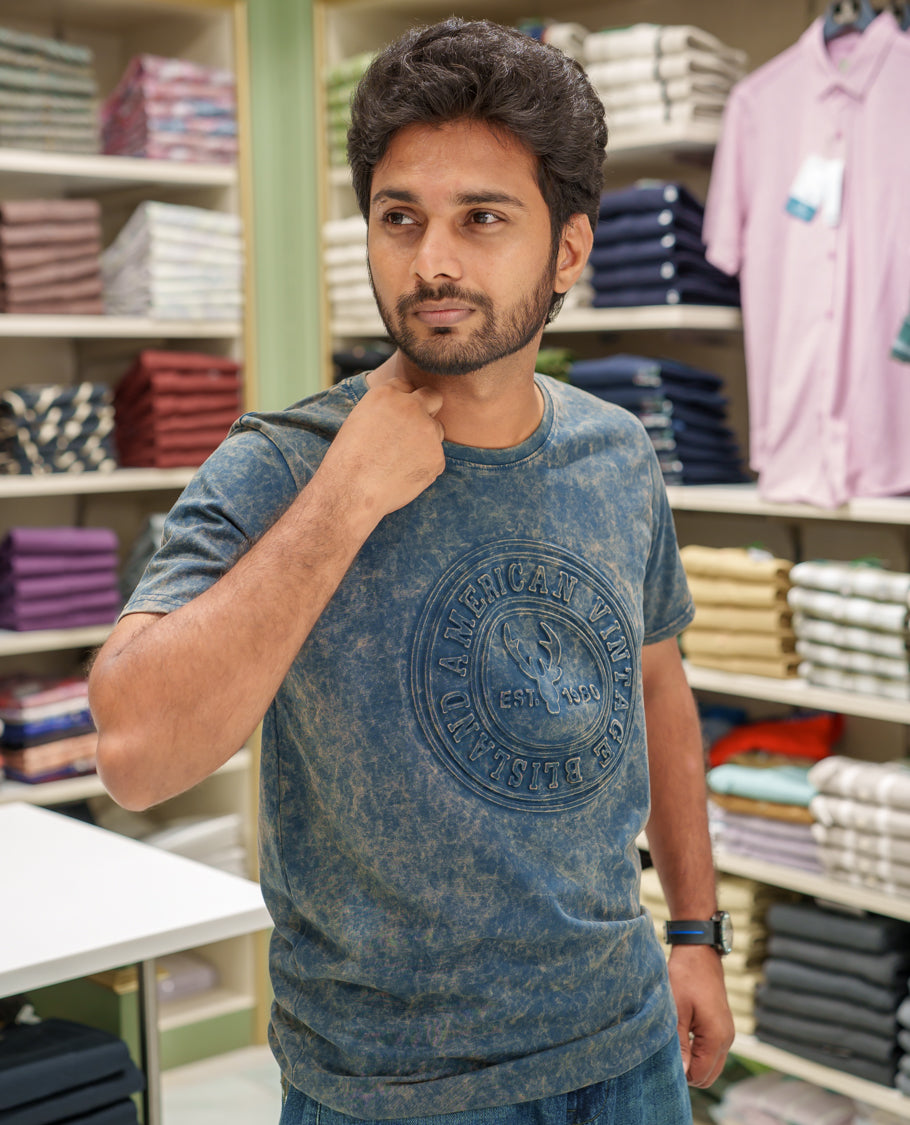 Dark Blue Cotton-Blended Acid-Washed Oversized T-Shirt Comes with a Typographic-Embossed, a Crew Neck, Half Sleeves, and Regular Length