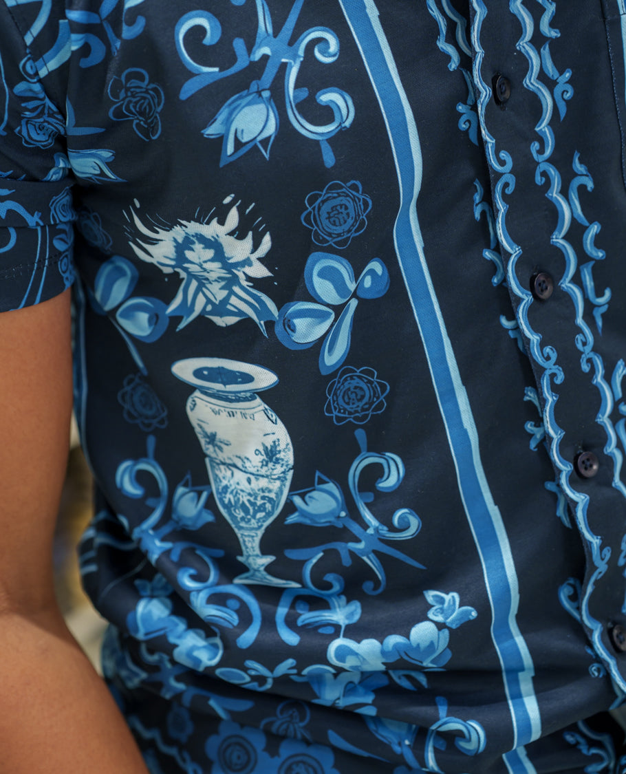 Navy Blue Cotton-Blended Casual Shirt Comes with Floral-Flower Vase Motifs Print, Spread Collar, Half Sleeves, Regular Fit, and Regular Length