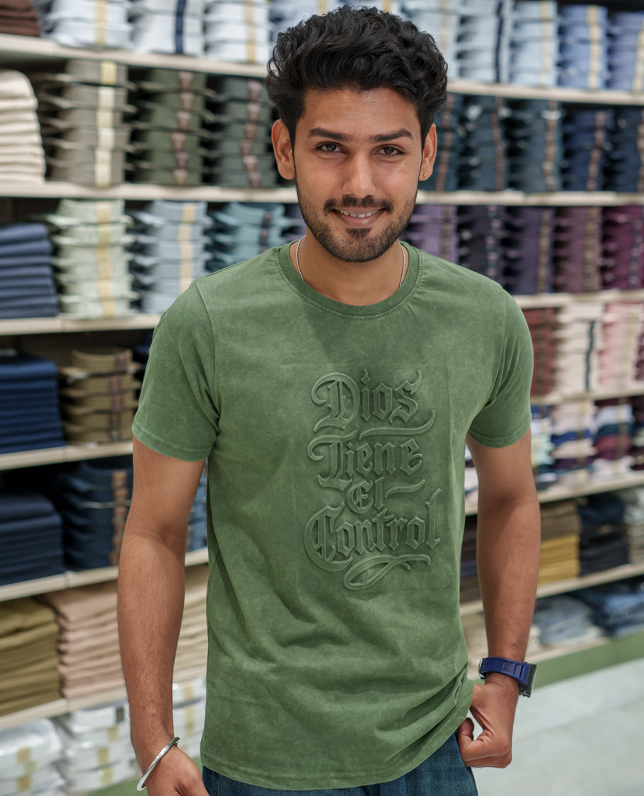 Green Cotton-Blended Acid-Washed Oversized T-Shirt Comes with a Typographic-Embossed, a Crew Neck, Half Sleeves, and Regular Length