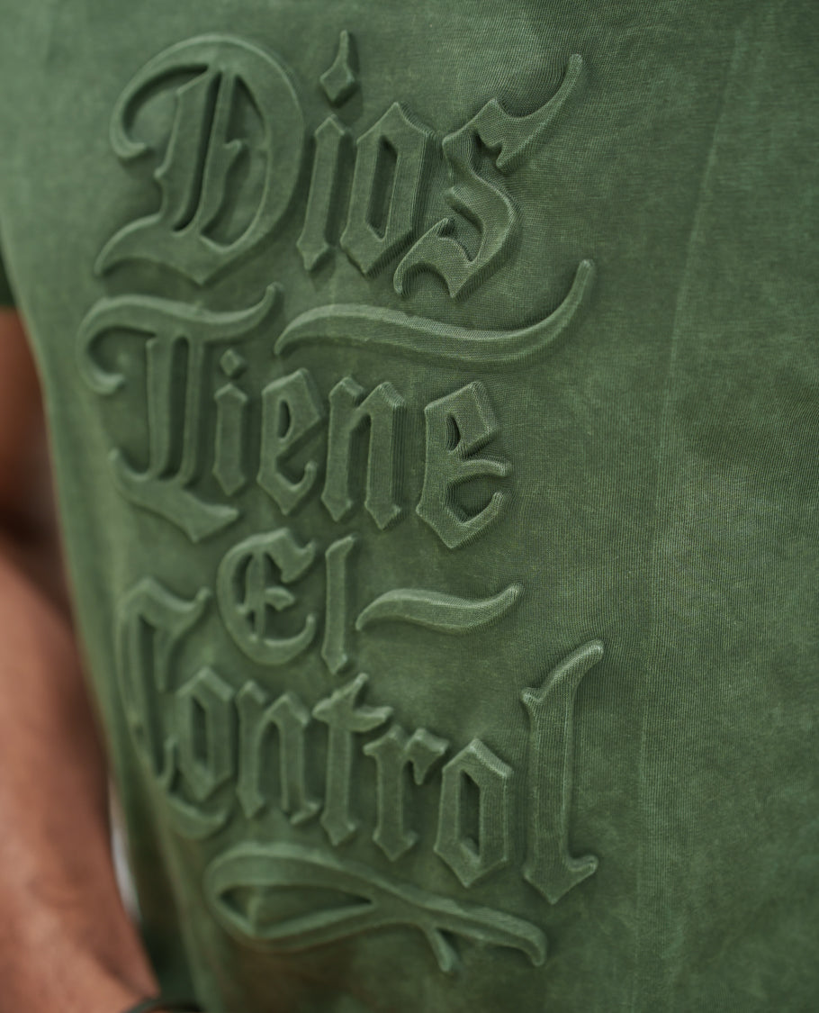 Green Cotton-Blended Acid-Washed Oversized T-Shirt Comes with a Typographic-Embossed, a Crew Neck, Half Sleeves, and Regular Length