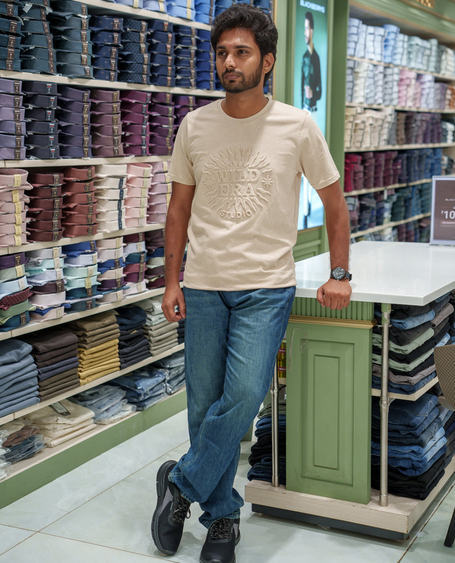 Cream Cotton-Blended Acid-Washed Oversized T-Shirt Comes with a Typographic-Embossed, a Crew Neck, Half Sleeves, and Regular Length