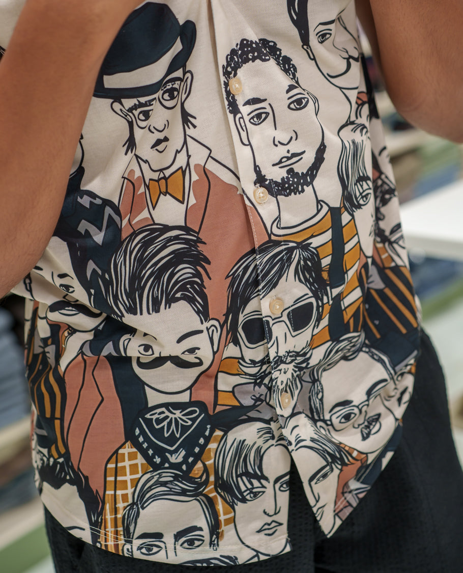 White Cotton-Blended Casual Shirt Comes with Human Figurines Print, Spread Collar, Half Sleeves, Regular Fit, and Regular Length