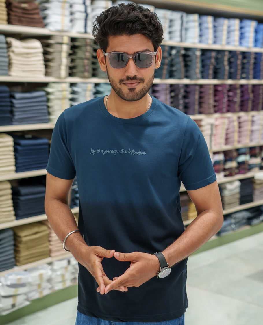 Navy Cotton-Blended Ombre-Dyed T-Shirt Comes with Typographic Print, Crew Neck, Half Sleeves, Slim Fit, and Regular Length