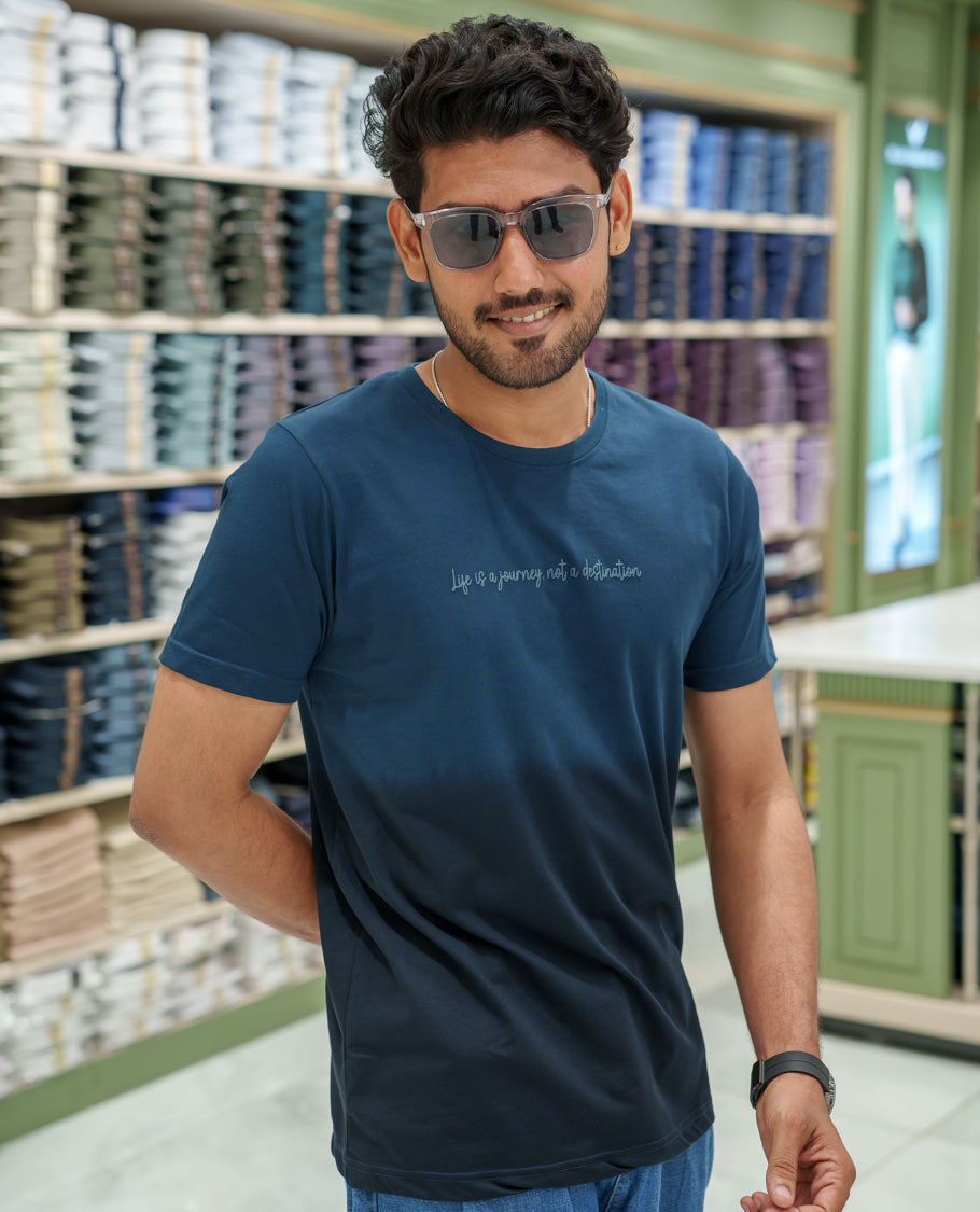 Navy Cotton-Blended Ombre-Dyed T-Shirt Comes with Typographic Print, Crew Neck, Half Sleeves, Slim Fit, and Regular Length