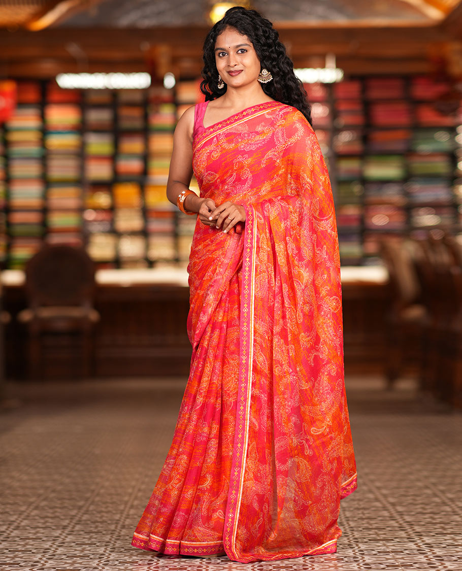Rani Pink Chiffon Saree, Steeped in Richness of Paisleys, a Subtle Border, a Contrast Blouse