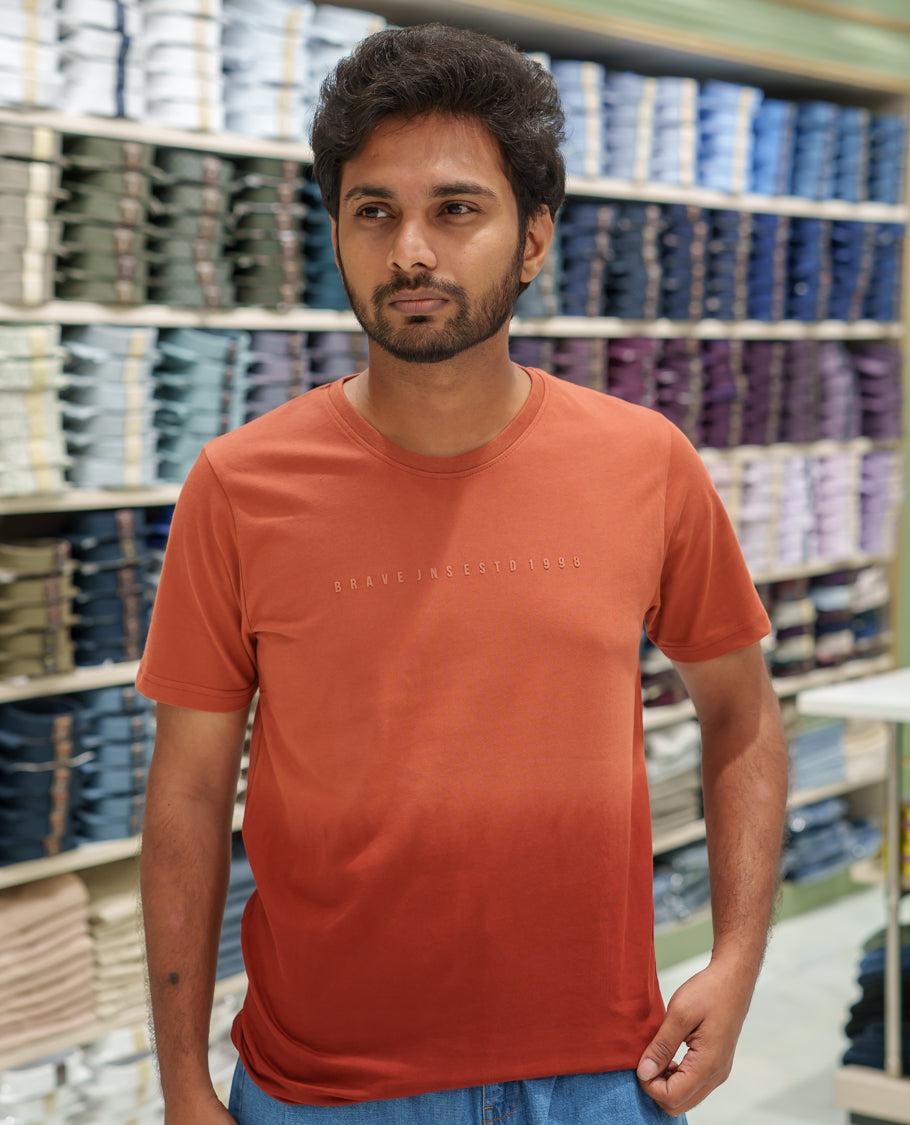Orange Cotton-Blended Ombre-Dyed T-Shirt Comes with Typographic Print, Crew Neck, Half Sleeves, Slim Fit, and Regular Length