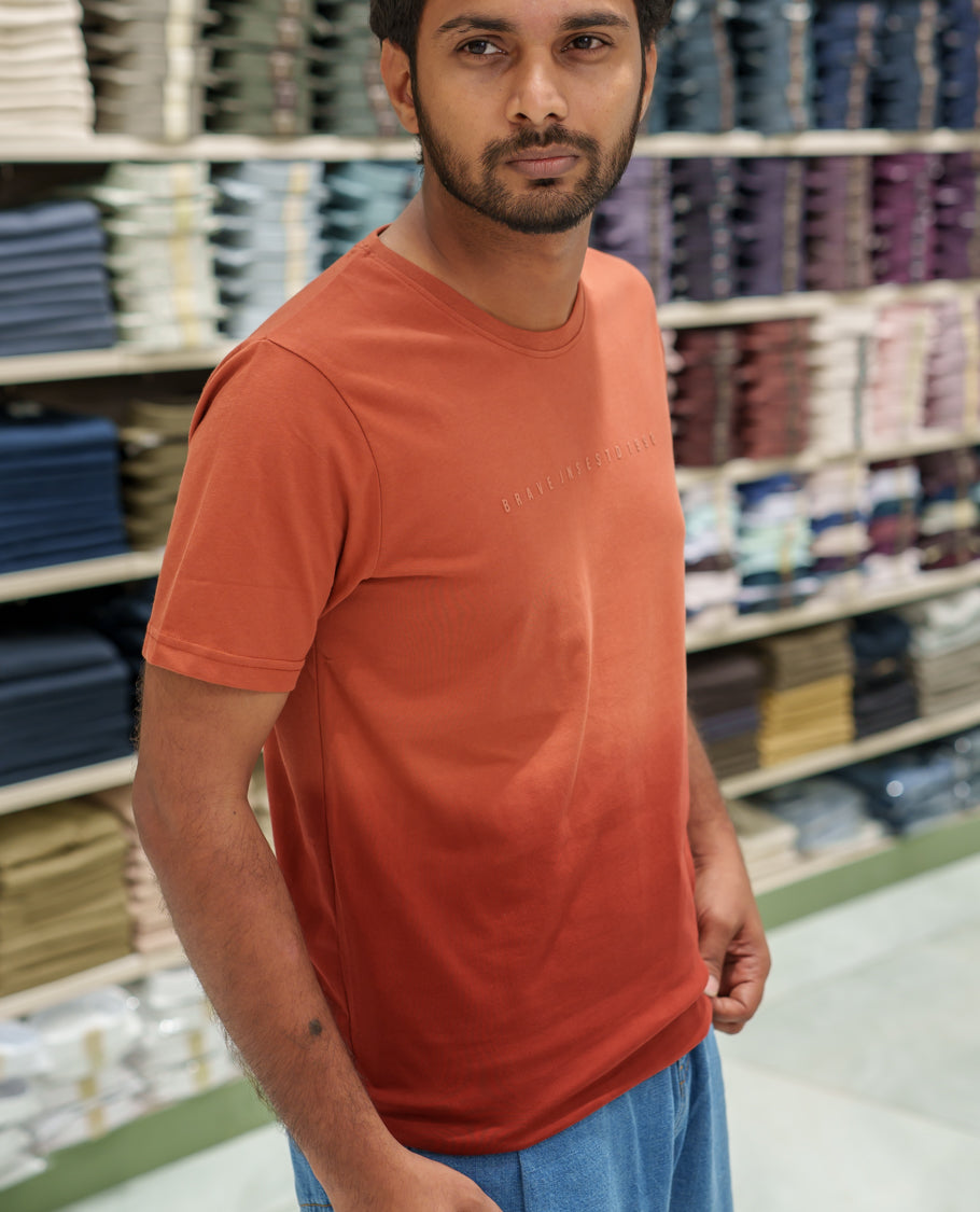 Orange Cotton-Blended Ombre-Dyed T-Shirt Comes with Typographic Print, Crew Neck, Half Sleeves, Slim Fit, and Regular Length