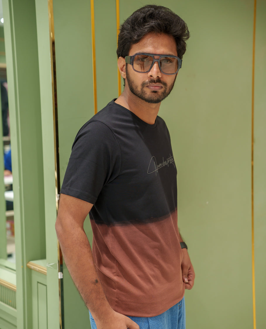 Black Cotton-Blended Ombre-Dyed T-Shirt Comes with Typographic Print, Crew Neck, Half Sleeves, Slim Fit, and Regular Length