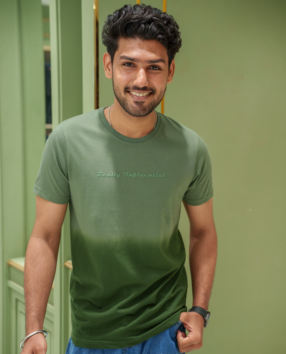 Green Cotton-Blended Ombre-Dyed T-Shirt Comes with Typographic Print, Crew Neck, Half Sleeves, Slim Fit, and Regular Length