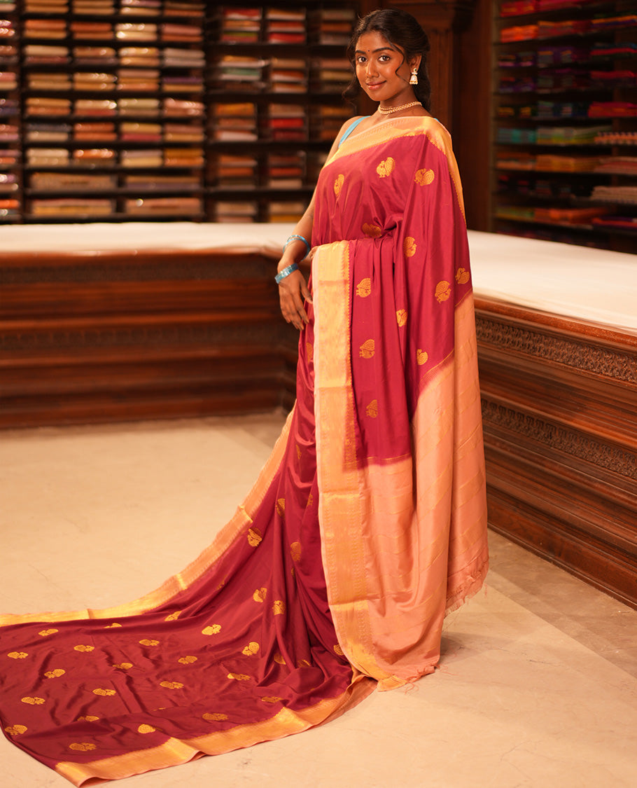 Maroon Peacock Buttas Fancy Mysore Silk Saree, Contrast Traditional Border, Contrast Blouse