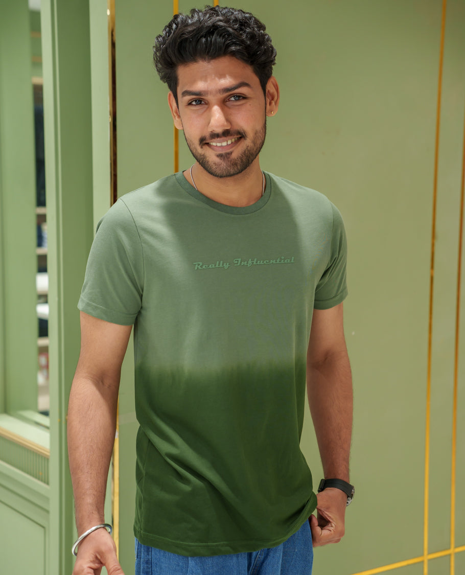 Green Cotton-Blended Ombre-Dyed T-Shirt Comes with Typographic Print, Crew Neck, Half Sleeves, Slim Fit, and Regular Length