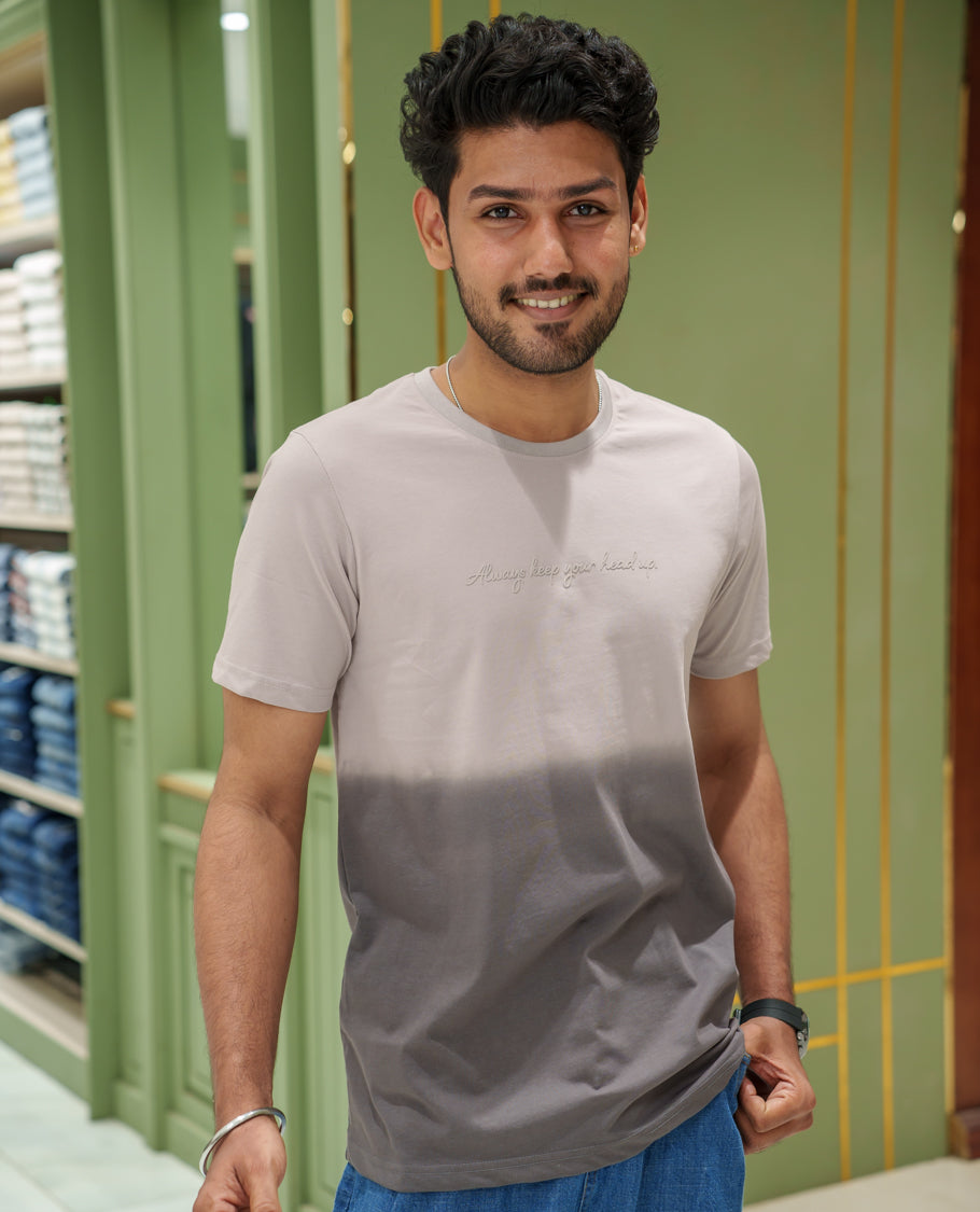 Grey Cotton-Blended Ombre-Dyed T-Shirt Comes with Typographic Print, Crew Neck, Half Sleeves, Slim Fit, and Regular Length