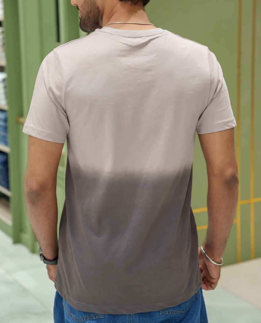 Grey Cotton-Blended Ombre-Dyed T-Shirt Comes with Typographic Print, Crew Neck, Half Sleeves, Slim Fit, and Regular Length