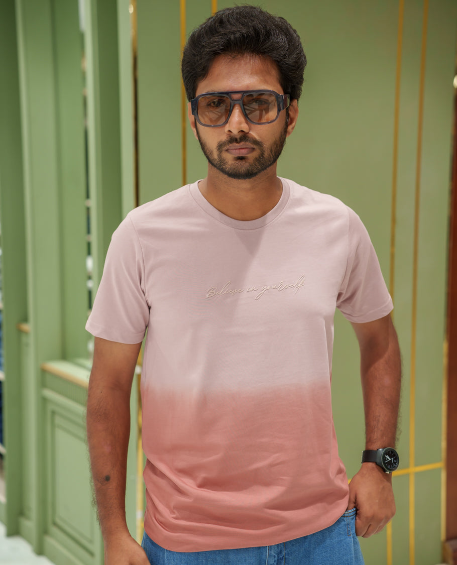 Pink Cotton-Blended Ombre-Dyed T-Shirt Comes with Typographic Print, Crew Neck, Half Sleeves, Slim Fit, and Regular Length