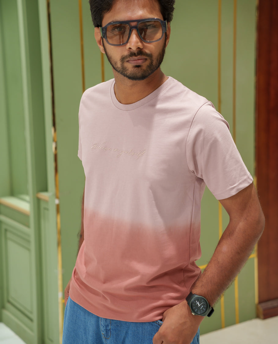 Pink Cotton-Blended Ombre-Dyed T-Shirt Comes with Typographic Print, Crew Neck, Half Sleeves, Slim Fit, and Regular Length