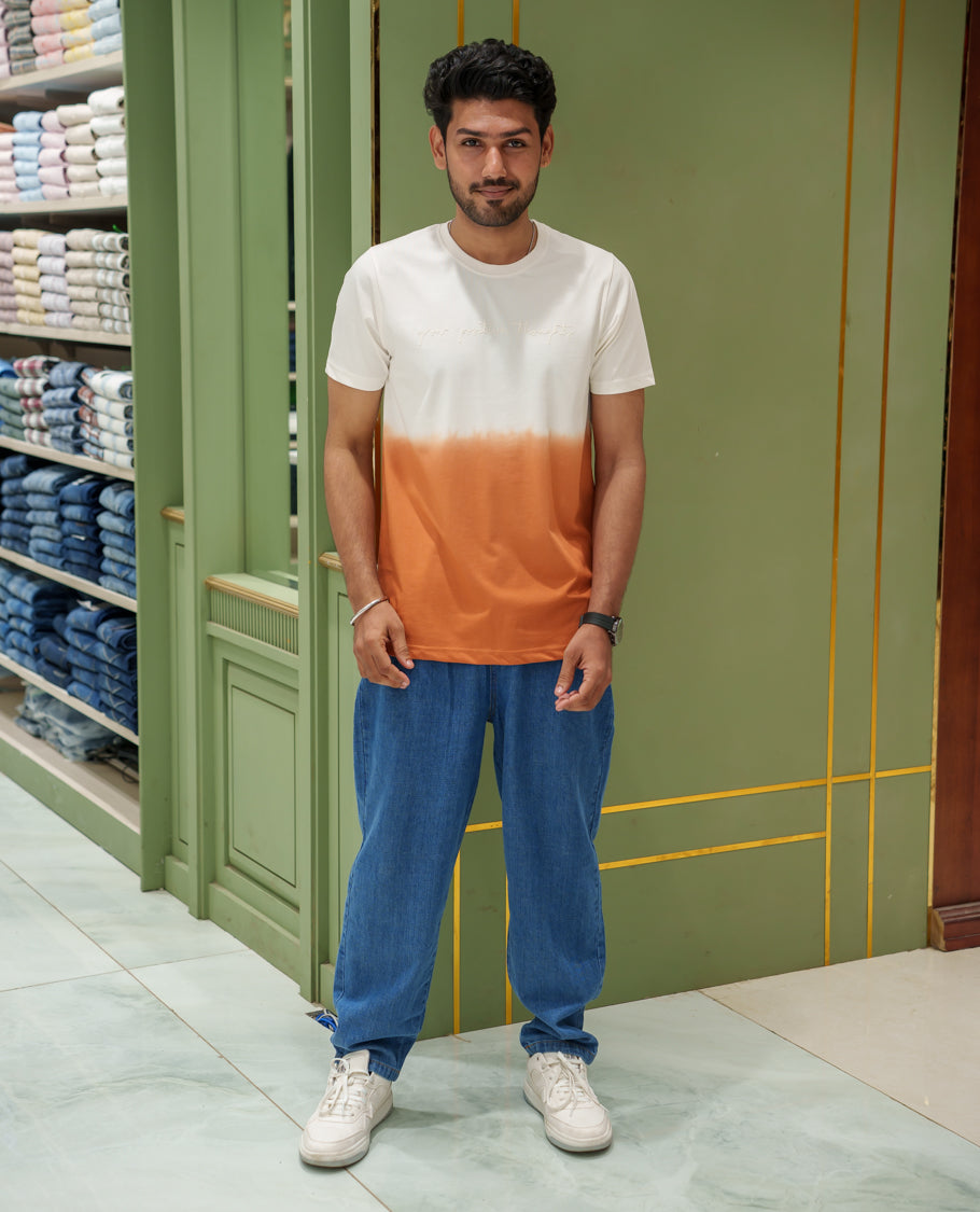 White Cotton-Blended Ombre-Dyed T-Shirt Comes with Typographic Print, Crew Neck, Half Sleeves, Slim Fit, and Regular Length