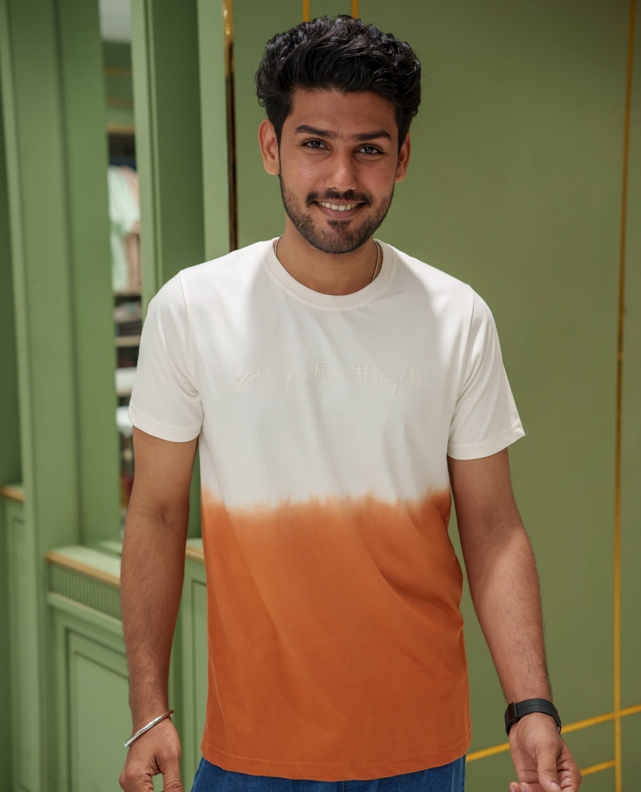 White Cotton-Blended Ombre-Dyed T-Shirt Comes with Typographic Print, Crew Neck, Half Sleeves, Slim Fit, and Regular Length