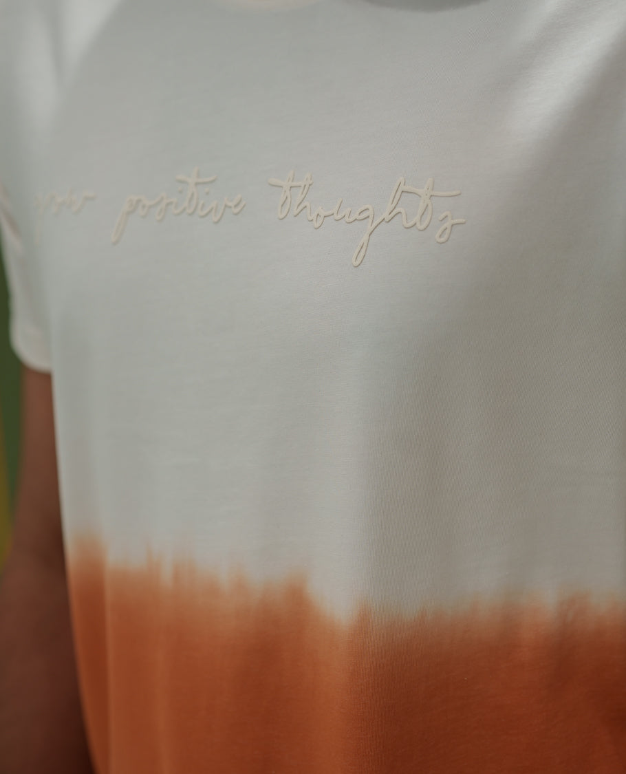 White Cotton-Blended Ombre-Dyed T-Shirt Comes with Typographic Print, Crew Neck, Half Sleeves, Slim Fit, and Regular Length