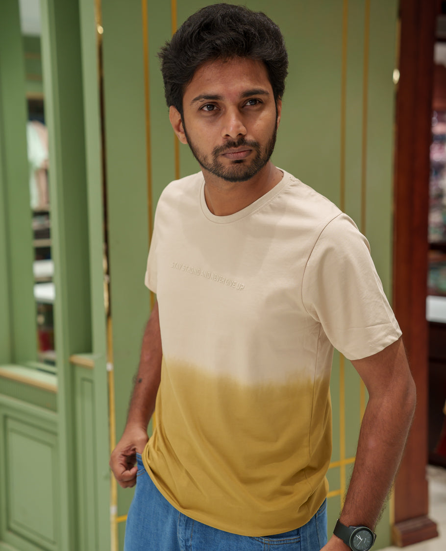 Cream Cotton-Blended Ombre-Dyed T-Shirt Comes with Typographic Print, Crew Neck, Half Sleeves, Slim Fit, and Regular Length