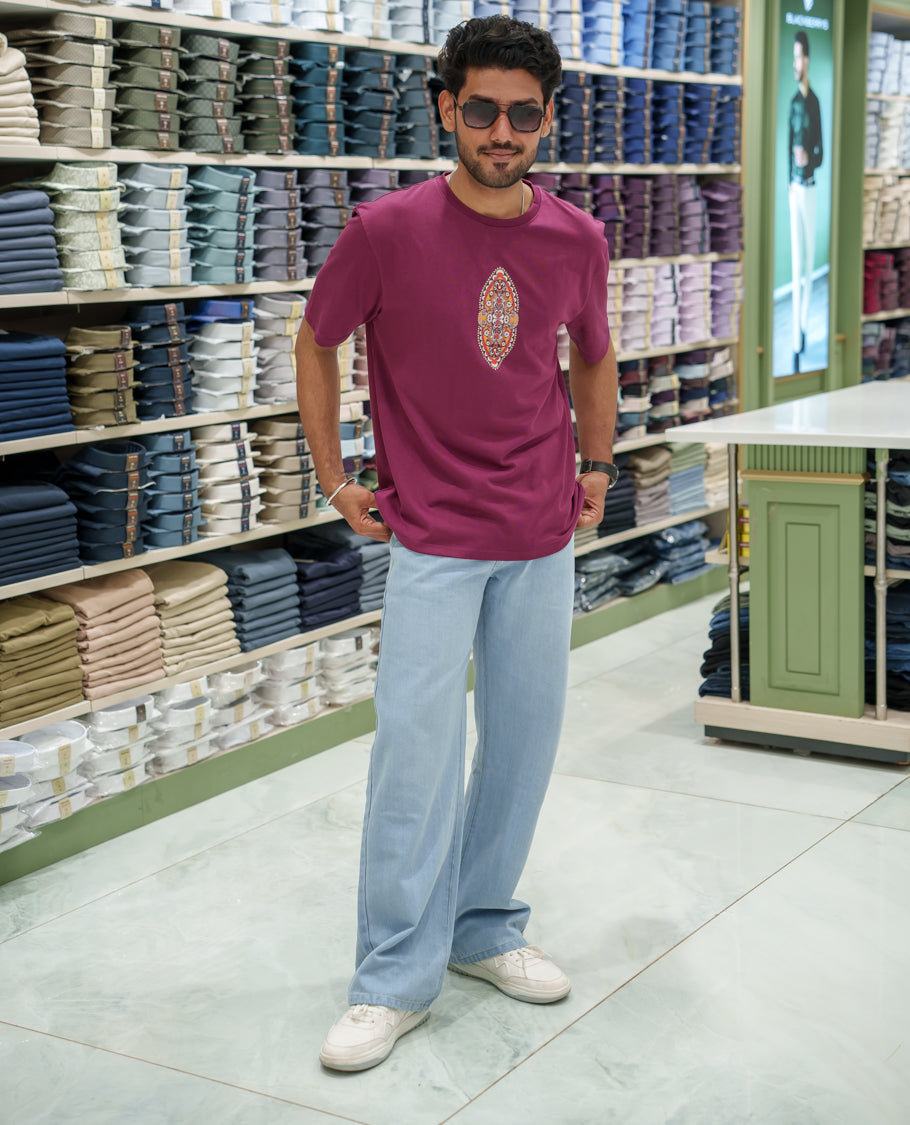 Red Cotton-Blended T-Shirt Comes with an Evil-Themed Back Print, Crew Neck, Half Sleeves, Oversized Fit, and Regular Length