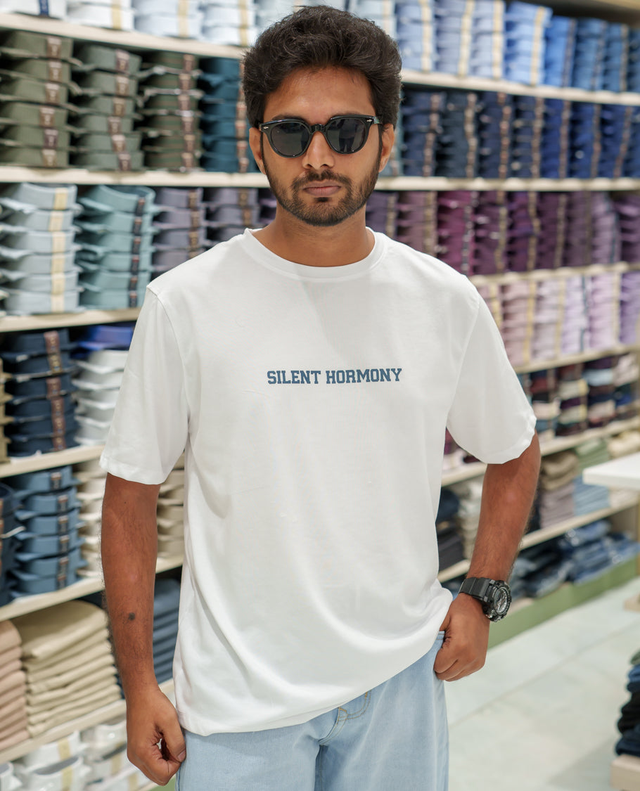 White Cotton-Blended T-Shirt Comes with an Tree-Motifs Back Print, Crew Neck, Half Sleeves, Oversized Fit, and Regular Length