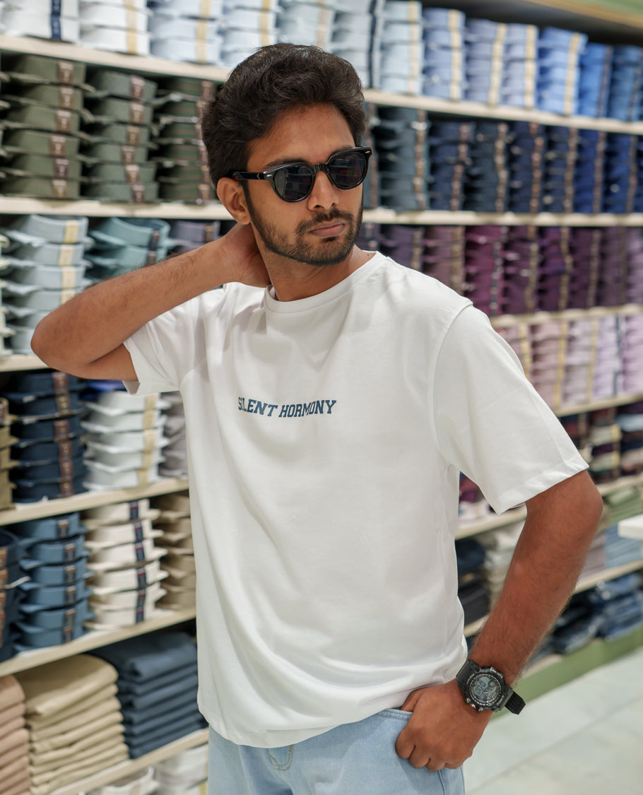 White Cotton-Blended T-Shirt Comes with an Tree-Motifs Back Print, Crew Neck, Half Sleeves, Oversized Fit, and Regular Length