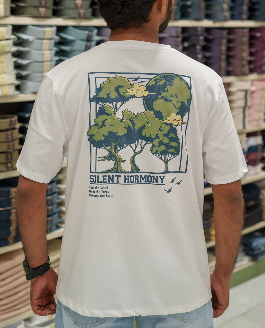 White Cotton-Blended T-Shirt Comes with an Tree-Motifs Back Print, Crew Neck, Half Sleeves, Oversized Fit, and Regular Length