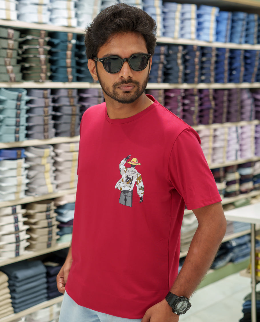 Red Cotton-Blended T-Shirt Comes with an Human-Motifs Back Print, Crew Neck, Half Sleeves, Oversized Fit, and Regular Length