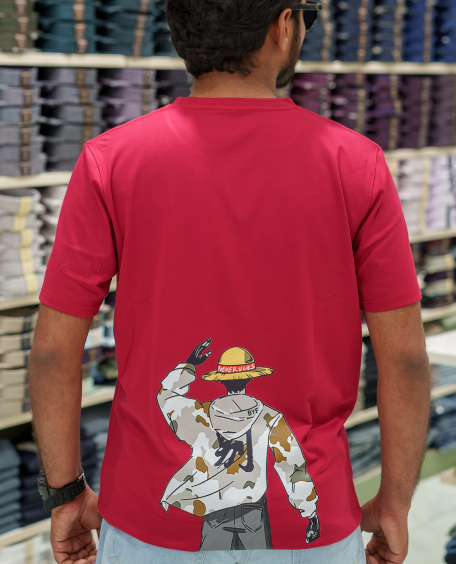 Red Cotton-Blended T-Shirt Comes with an Human-Motifs Back Print, Crew Neck, Half Sleeves, Oversized Fit, and Regular Length