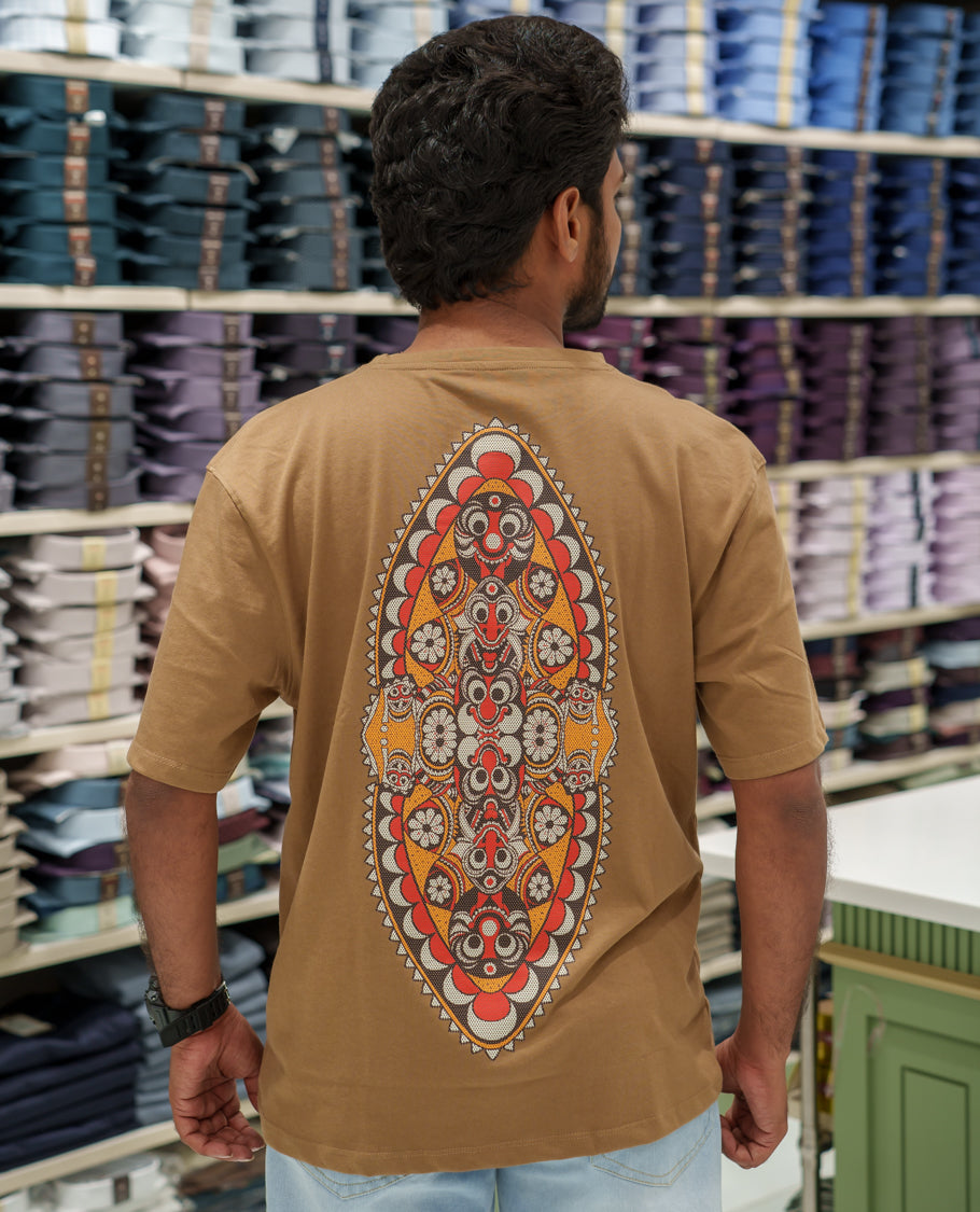 Brown Cotton-Blended T-Shirt Comes with an Evil-Themed Back Print, Crew Neck, Half Sleeves, Oversized Fit, and Regular Length