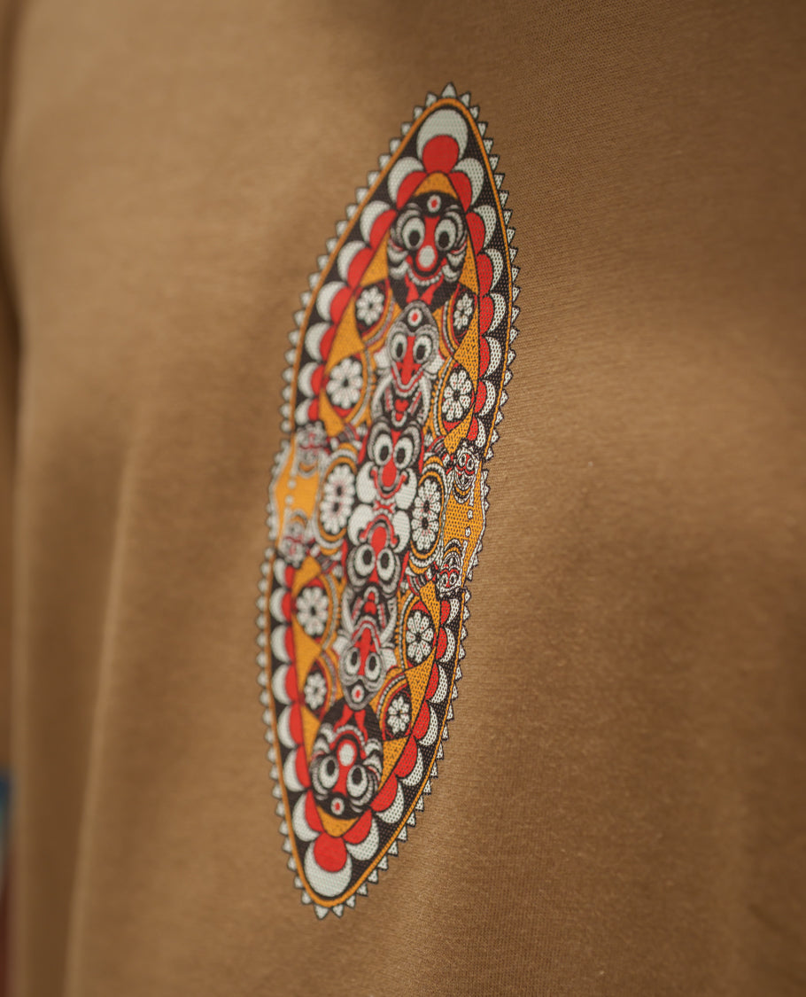 Brown Cotton-Blended T-Shirt Comes with an Evil-Themed Back Print, Crew Neck, Half Sleeves, Oversized Fit, and Regular Length